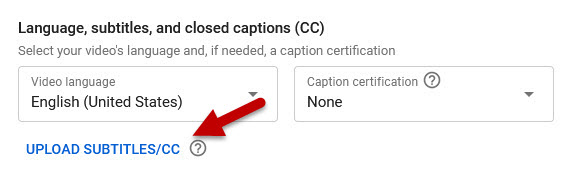 Red arrow points at the Upload Subtitles/CC link in order to attach a captions file