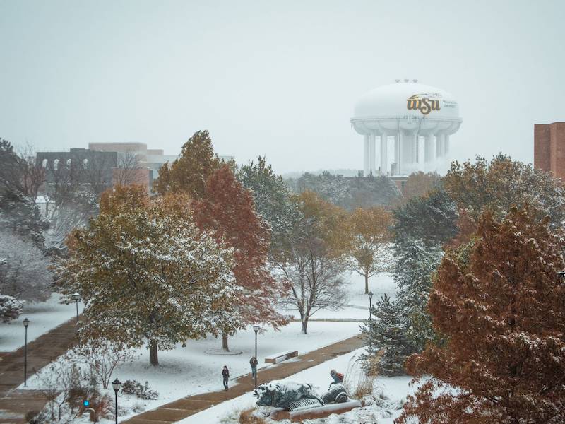 The WSU Campus with light snow cover. The watertower is in the far backdrop. 
