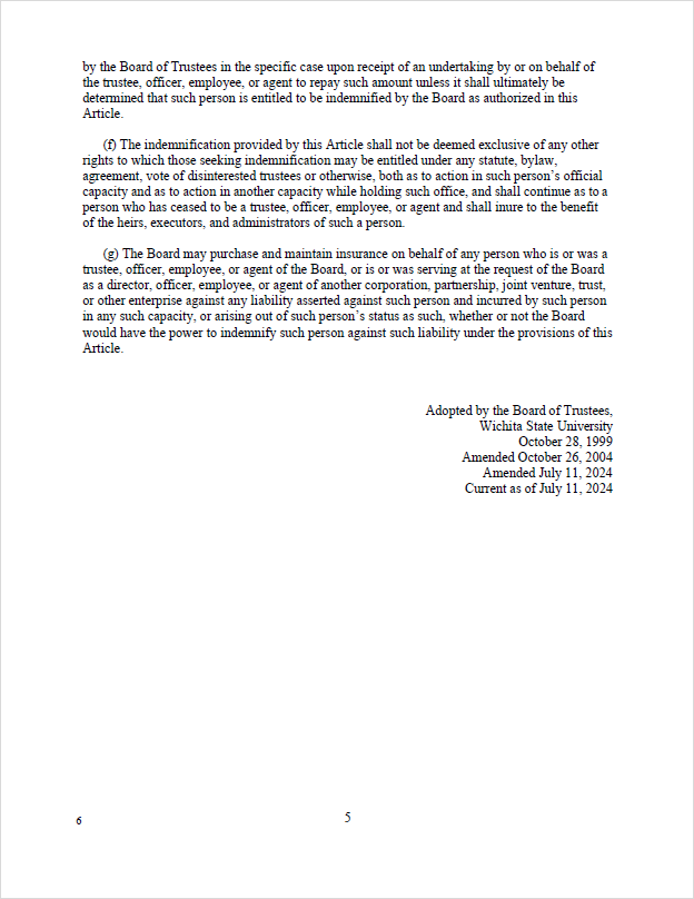 WSU By-Laws document last amended July 11, 2024. Page five of document. It covers the remaining verbiage of the Indemnification of Trustees, Officers, and Others section. 