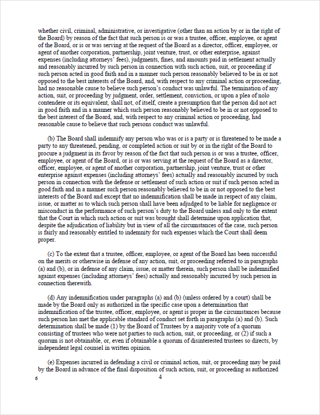 WSU By-Laws document last amended July 11, 2024. Page four of document. It covers the next section of Idemnification of Trustees, Officers, and Othersfor the board. 