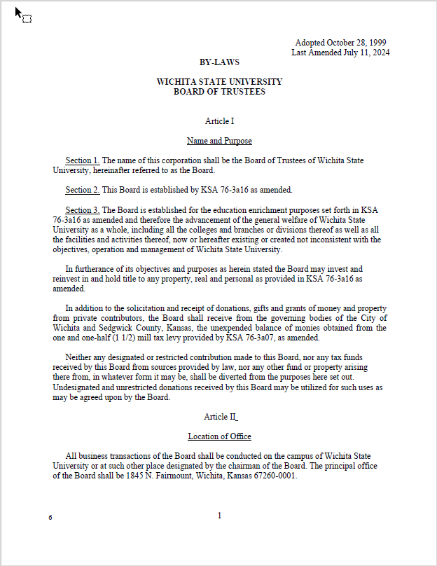 WSU By-Laws document last amended July 11, 2024. Page one of document. It covers Name & Purpose, and Location of Office for the board. 
