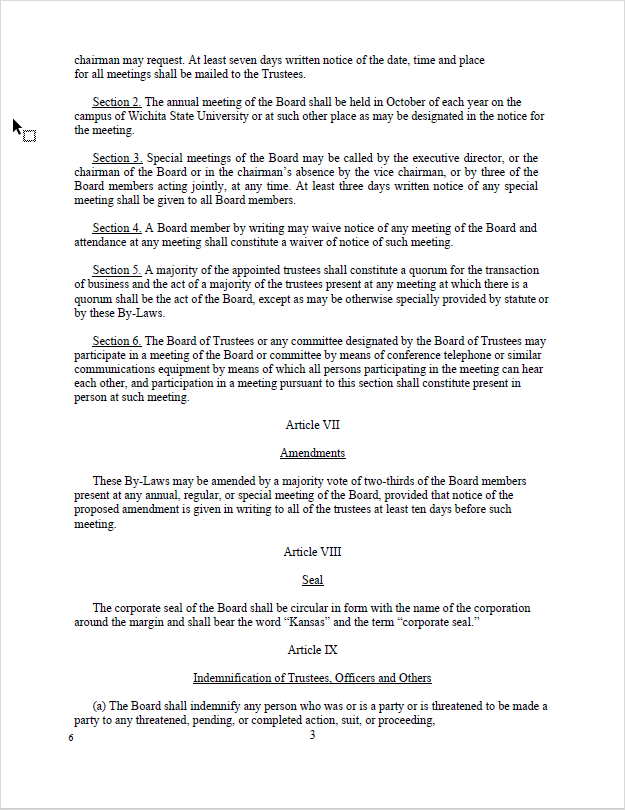 WSU By-Laws document last amended July 11, 2024. Page three of document. It covers remainder of Membership, Amdendments, Seal, and beginning of Indemnification of Trustees, Officers, and Others for the board. 