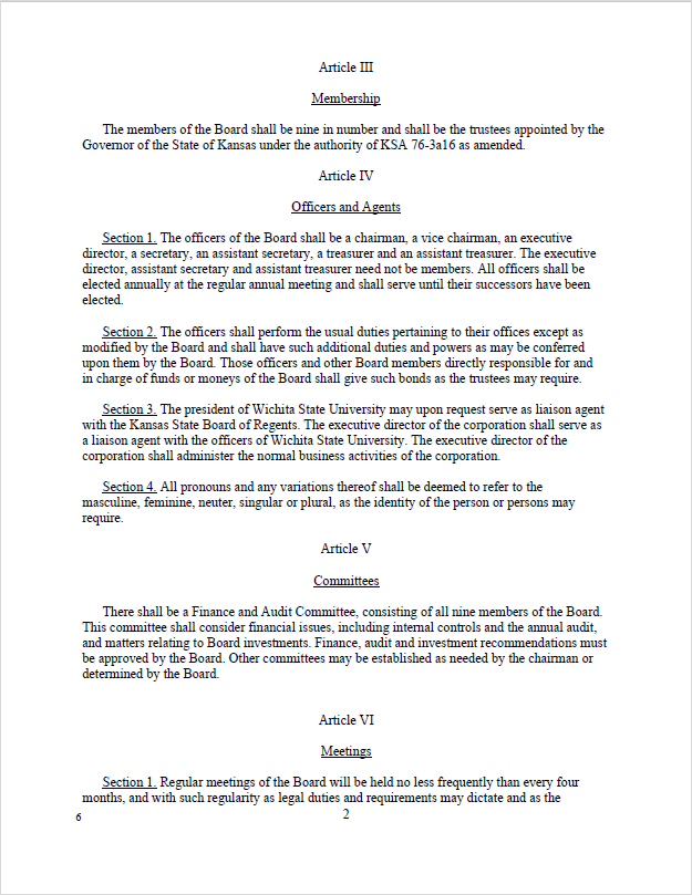 WSU By-Laws document last amended July 11, 2024. Page two of document. It covers Membership, Officers & Agents, Committees, and Meetings of Office for the board. 