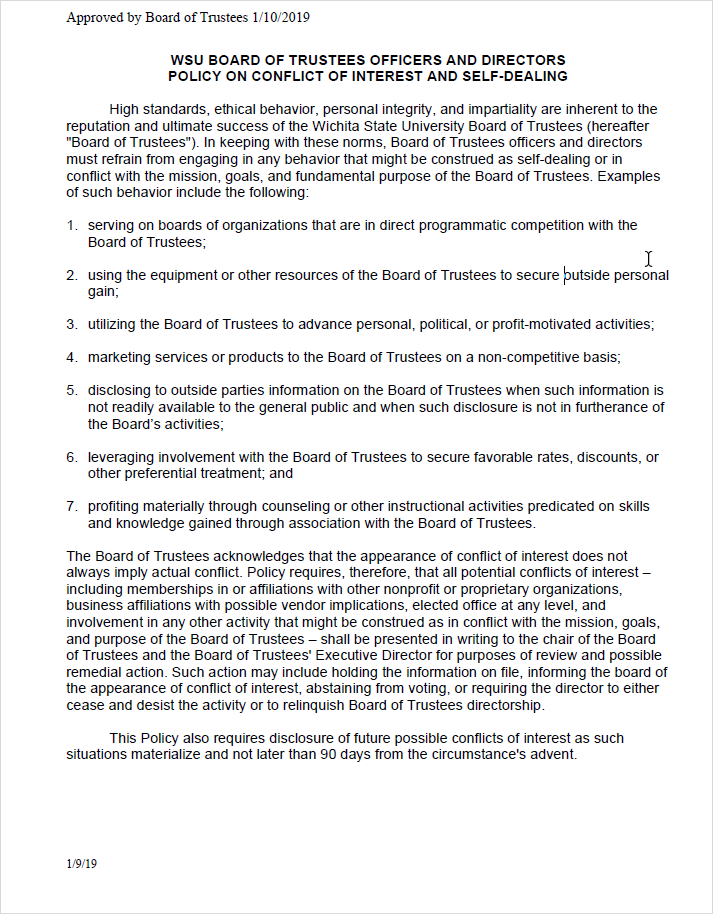 Board of Trustees policy on standards, ethical behavior, personal integrity, and impartiality. 