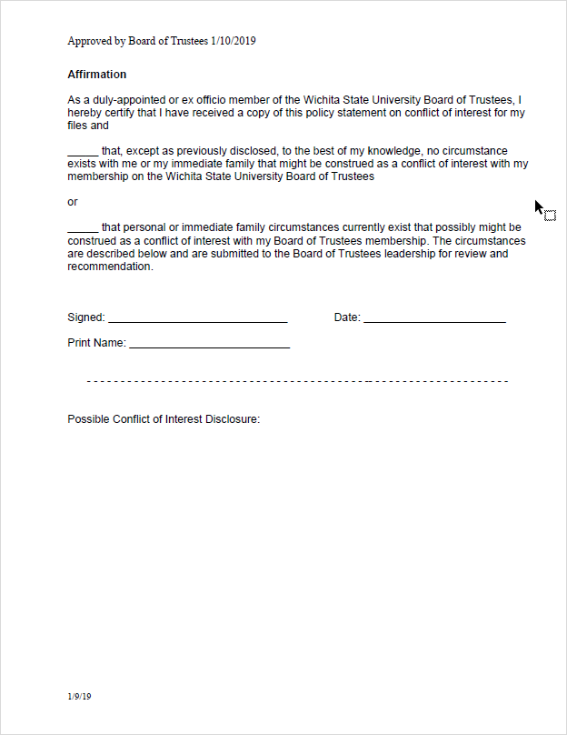 Page 2 of the Board of Trustee policy with signature lines and date.