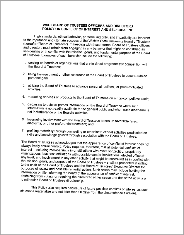 A legal policy titled WSU Board of Trustees Resolution Approving Policy. It is a policy that outlines conflict of interest and self-dealing. The policy is applicable to all Board Officers and Directors. Image is page 2 of the document.