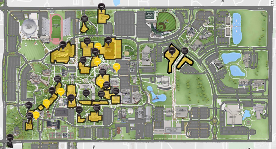 Campus map displaying the poster and kiosk locations