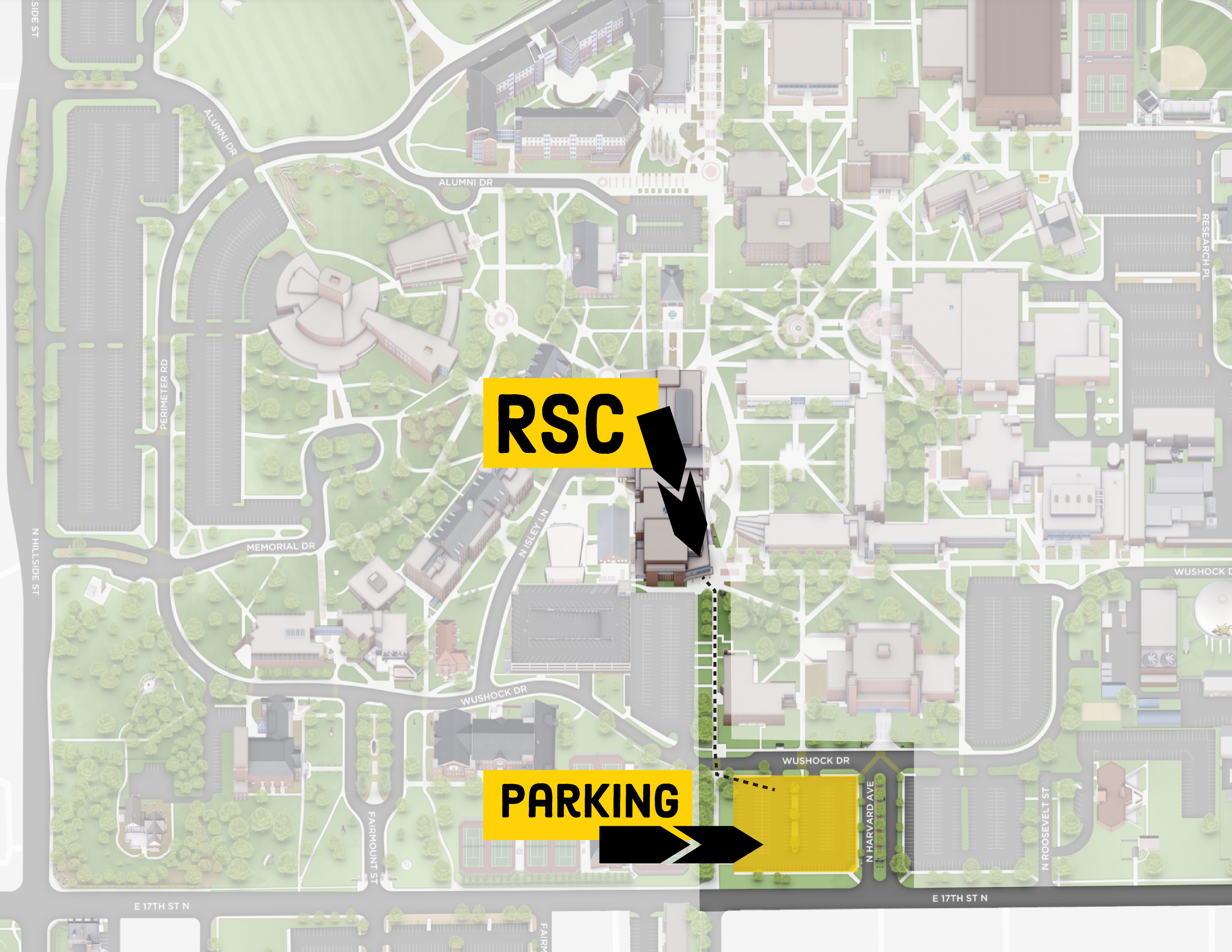 CHW Parking map of lot 9W with directions to the RSC