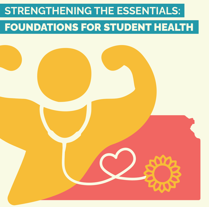 Strengthening the essentials: Foundations for student health. person icon showing muscles with a stethoscope looped in a heart shape and ending in a sunflower overlayed on the state of kansas