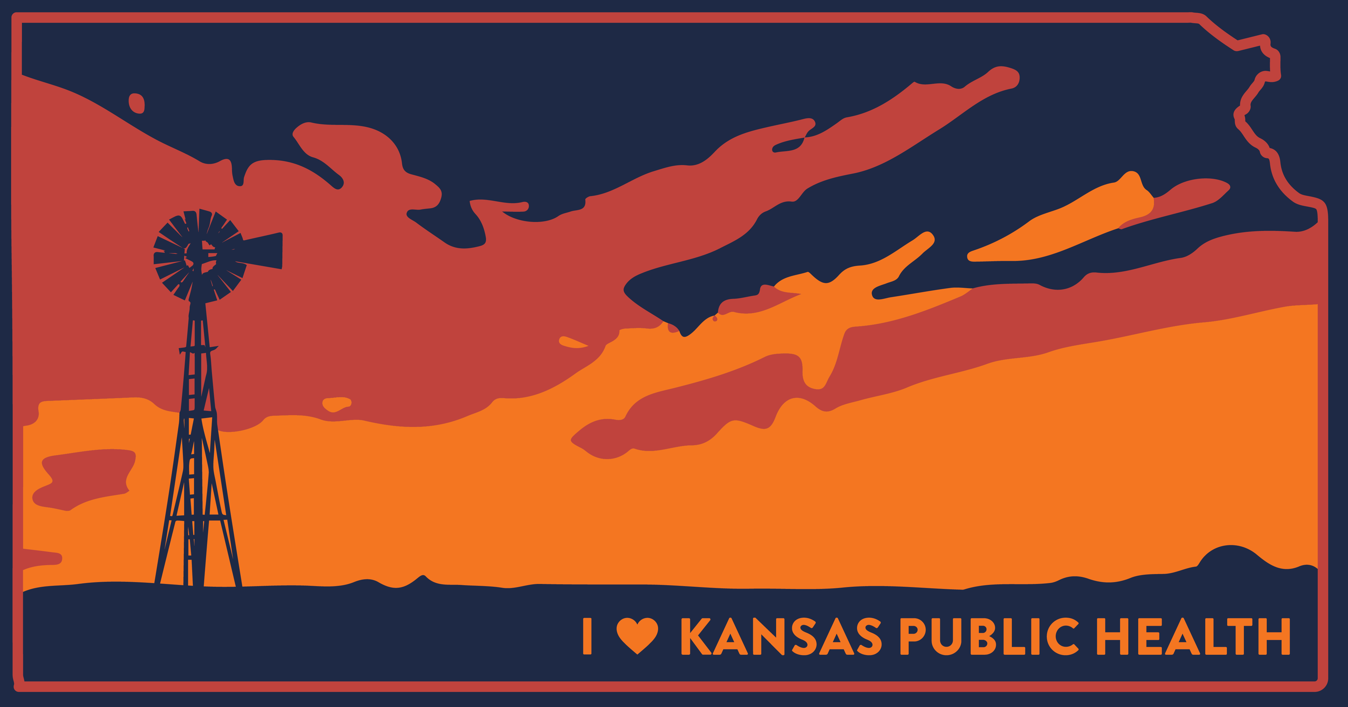 Graphic image of sunset with windmill silhoutte in the shape of Kansas with I heart Kansas Public Health text written in the bottom left corner