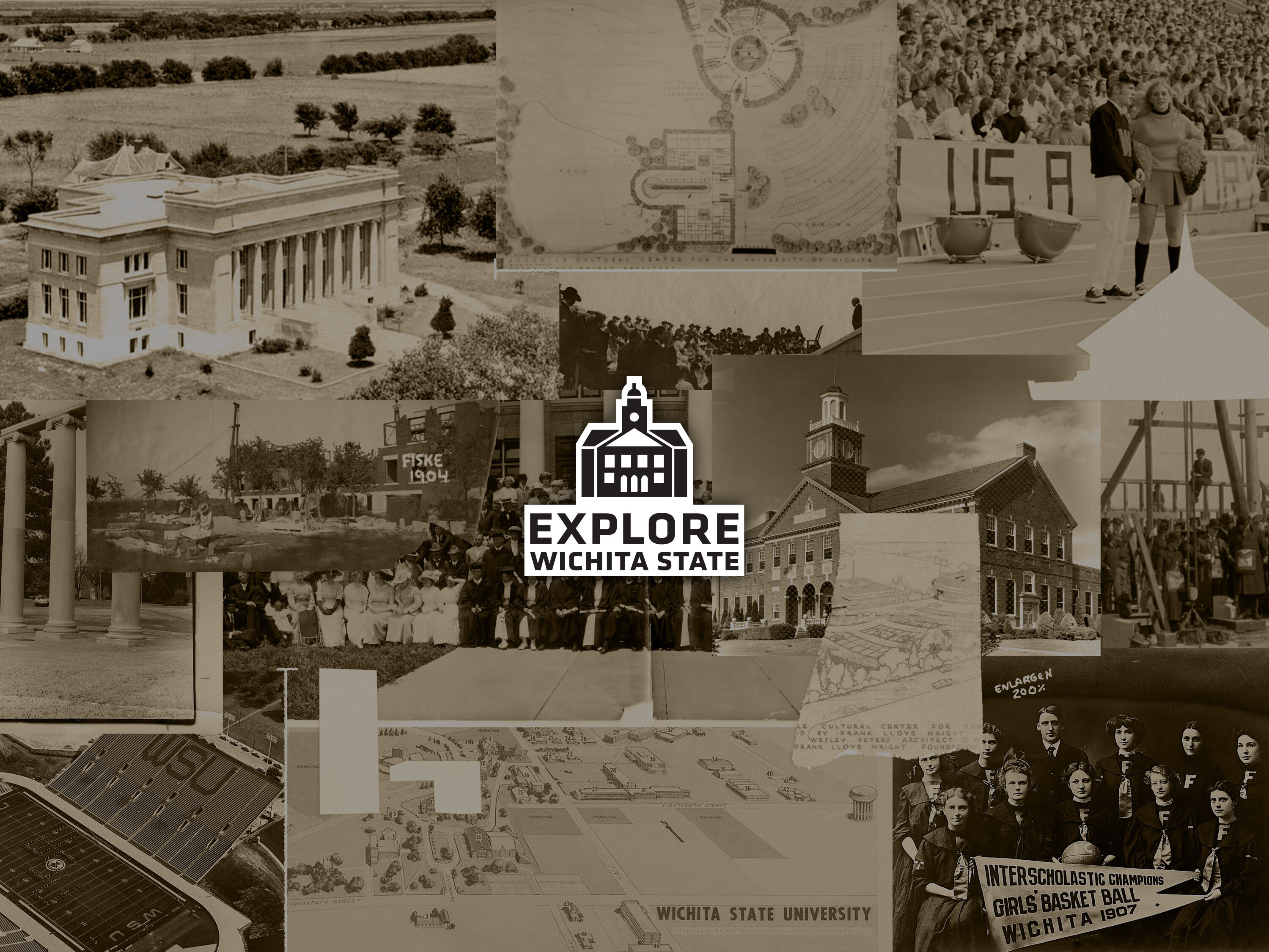 An icon of a clock tower building sits atop text that says "Explore Wichita State." The background is a collage of historical photos.