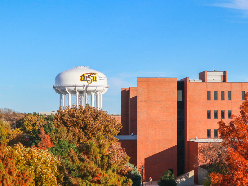 View of WSU water tower and Ahlberg Hall.