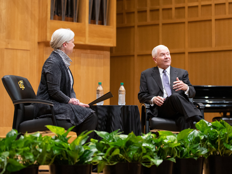 Robert Gates, U.S. Secretary of Defense 2006-2011, with moderator Dr. Kimberly Engber