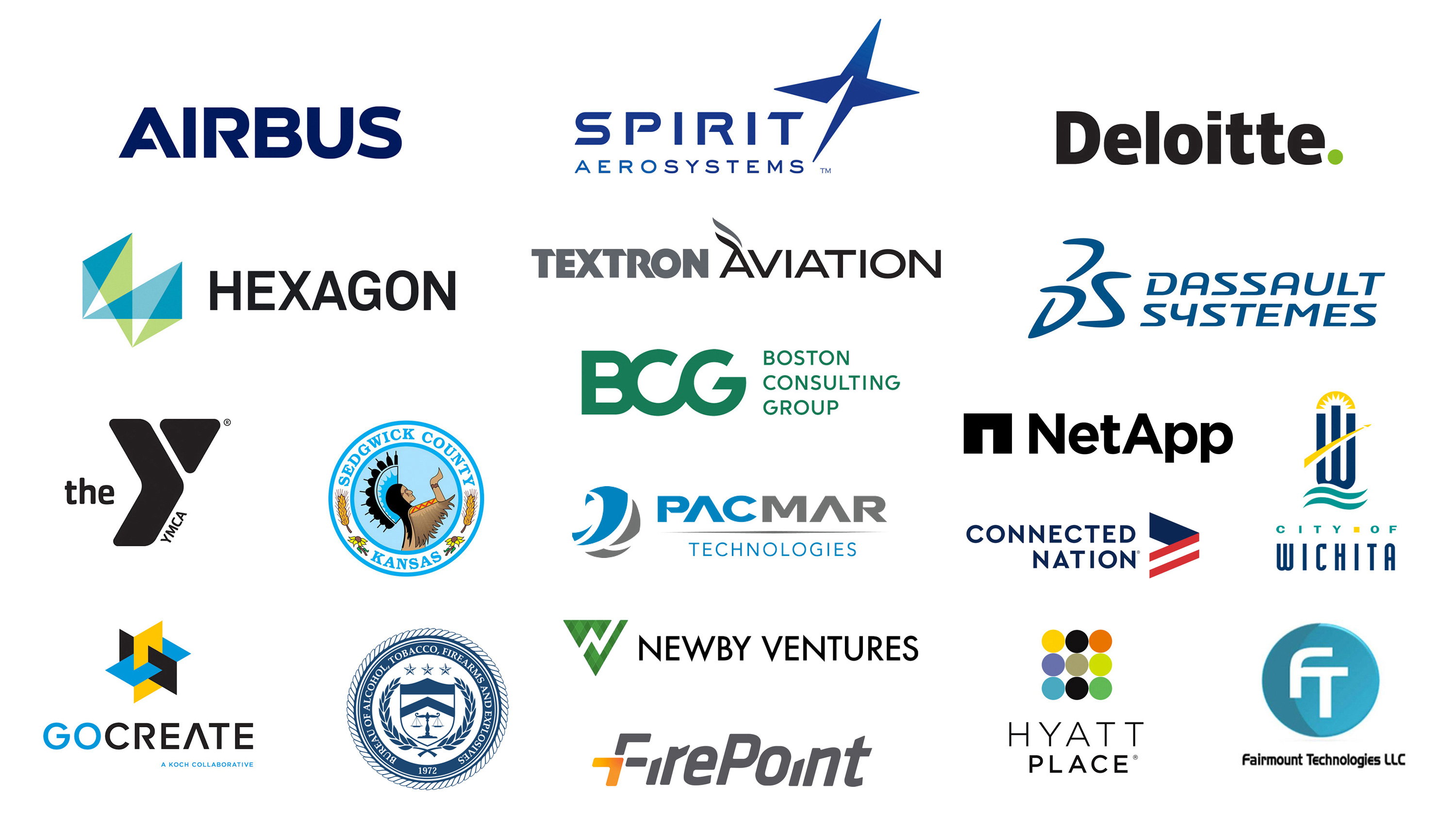 Partnership logos: Spirit Aerosystems, Fairmount Technologies LLC, Firepoint, Hexagon, Hyatt Place, GoCreate, Dassault Systems, Sedgwick County Kansas, Airbus, BCG, City of Wichita, Deloitte, NetApp, Martin Defense Group, The YMCA, Textron Aviation