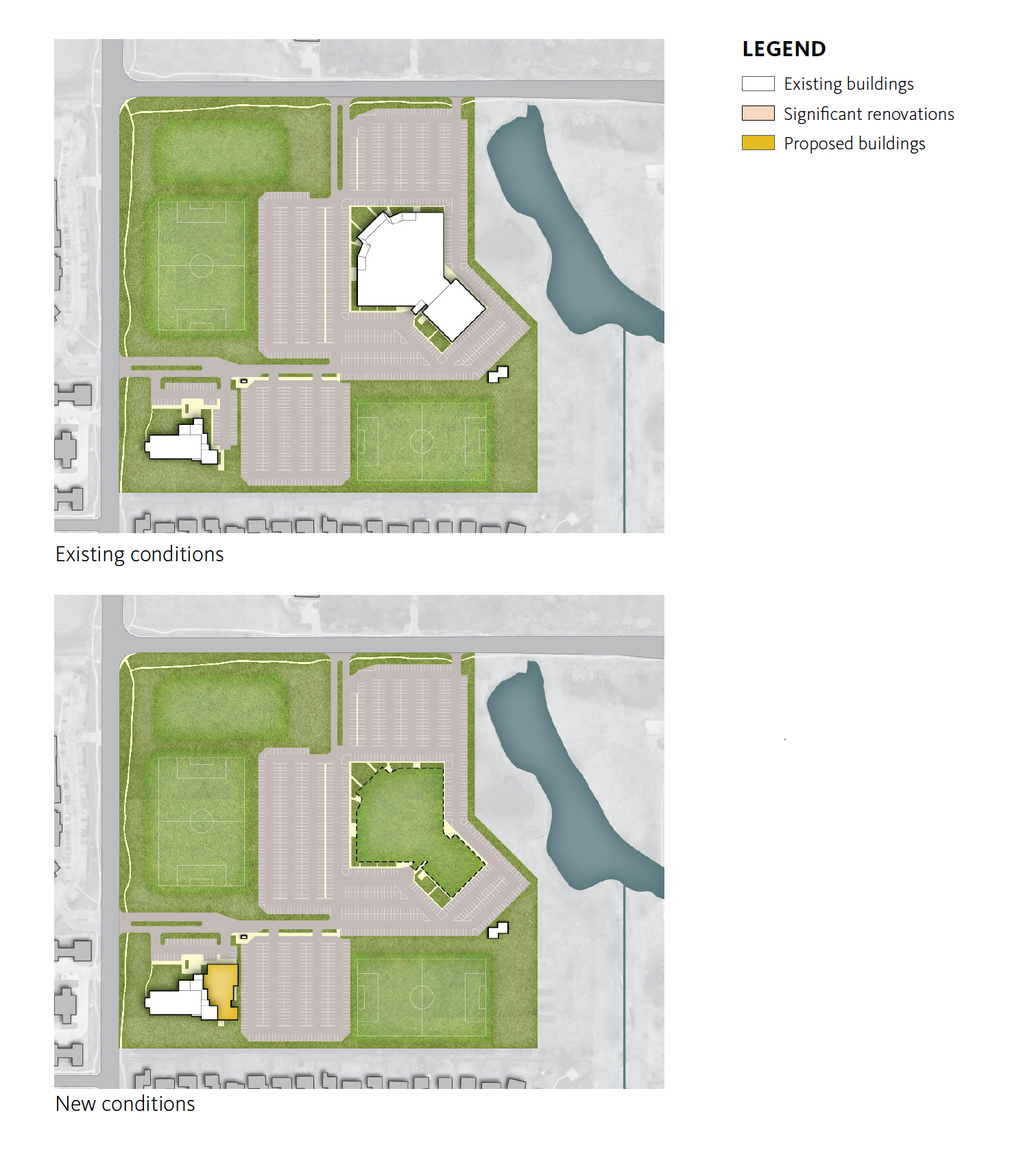 Metroplex before and after map showing addition to current Advanced Education in General Dentistry (AEGD) building and demolition of current Metroplitan Complex building