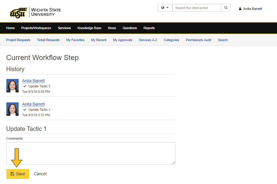 Visual demonstrating Current Workflow Step details, comments and save button 