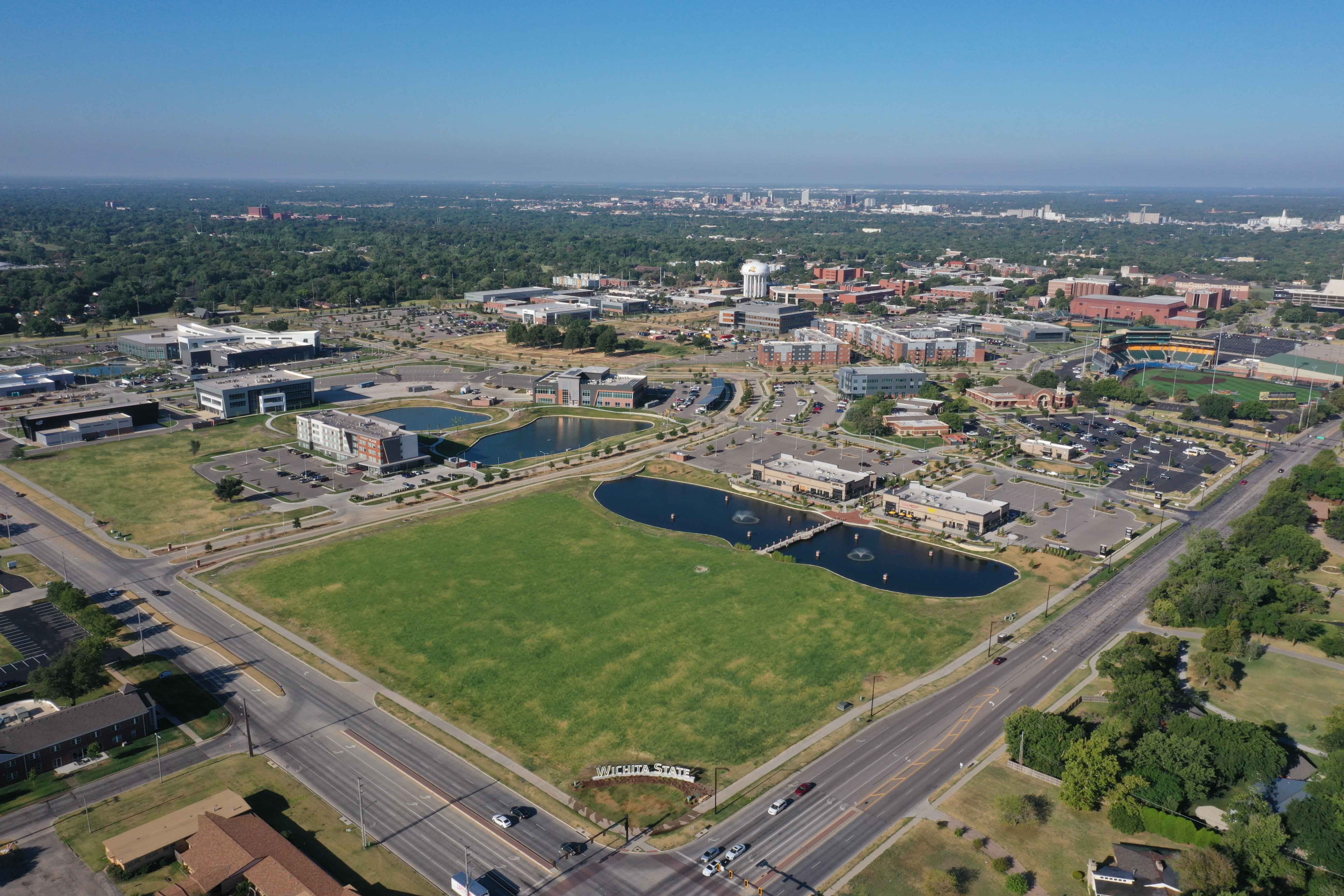 Aerial shot of campus from Oliver and 21st