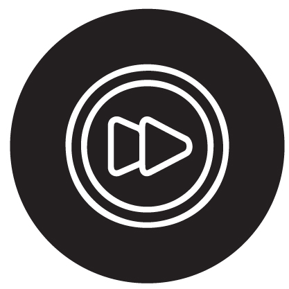 white icon of play button on black background