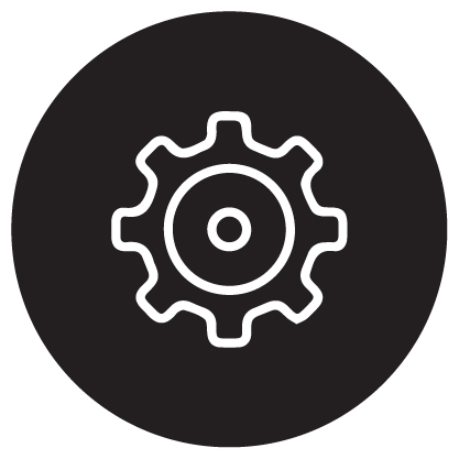 white icon of gear on black background