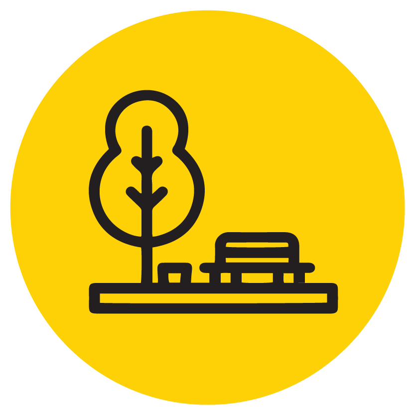 black icon of tree and bench with yellow background