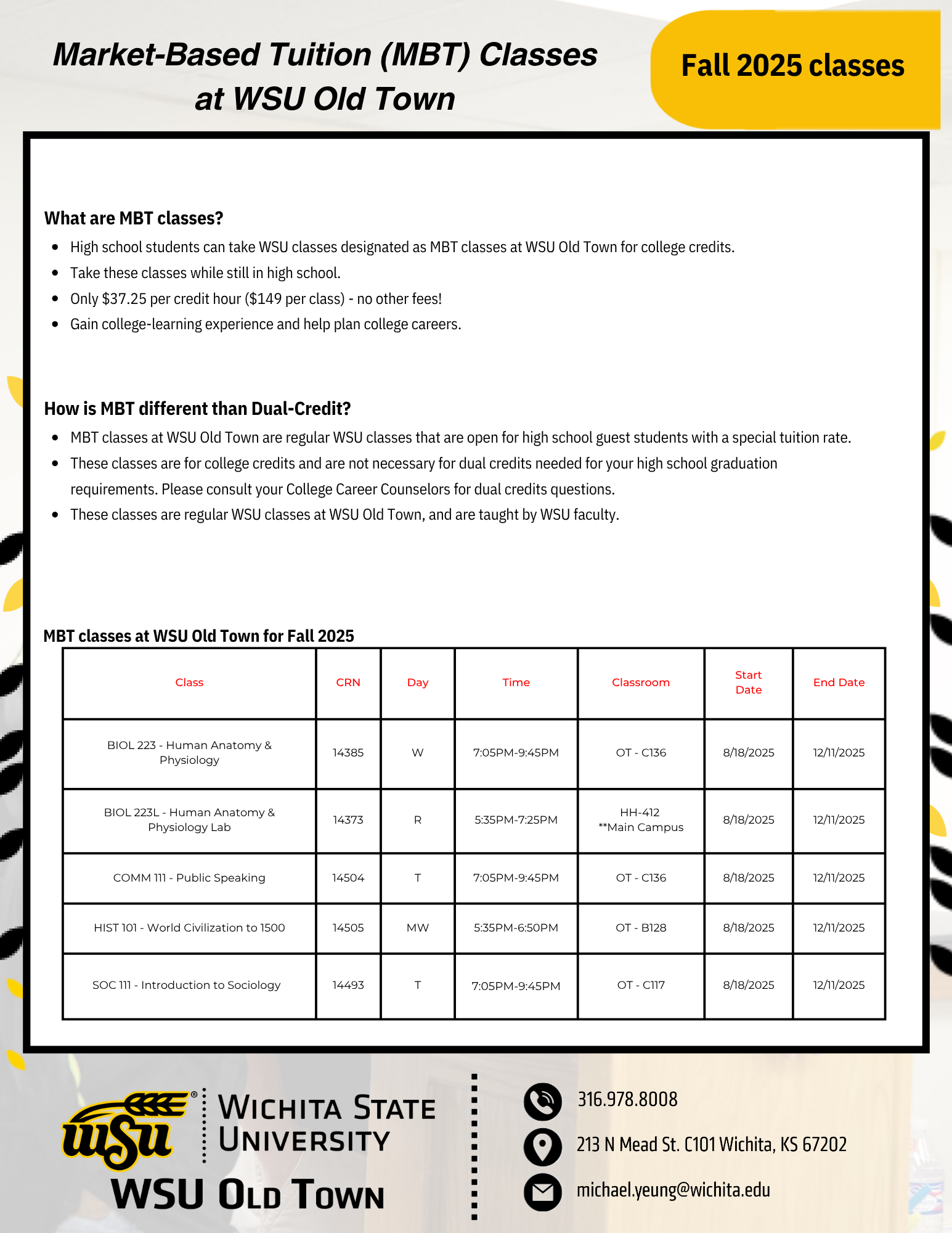 MBT classes at WSU Old Town for fall 2025