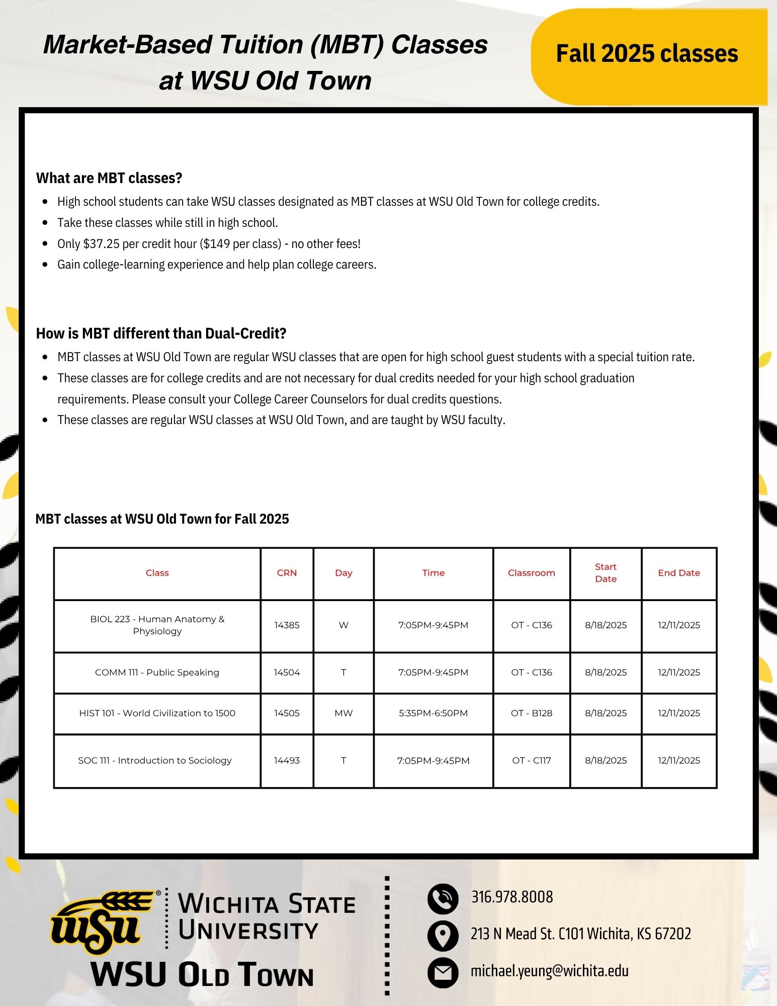 WSU Old Town MBT classes for Fall '25