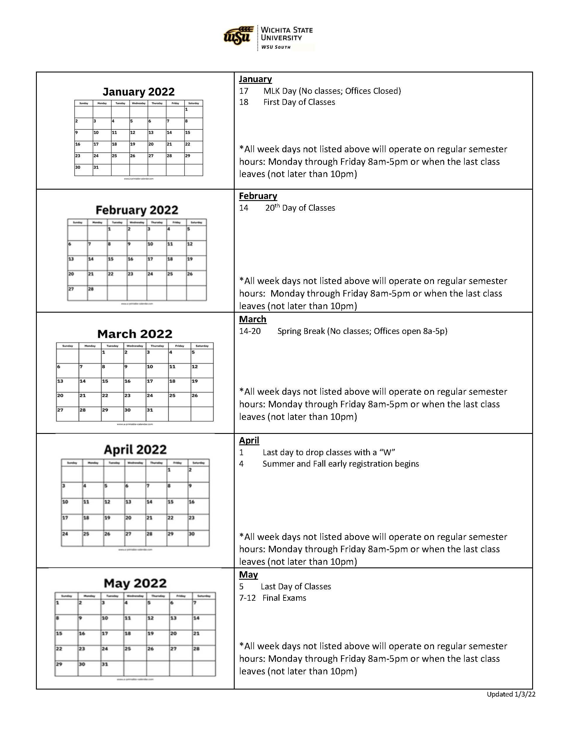 Wsu 2022 Calendar Wsu South Contacts / Operation Hours