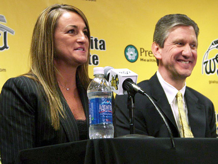 Jody Adams, left, is welcomed by then-WSU athletic director Jim Schaus as the new head of women's basketball.