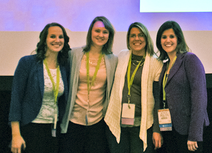 A team of WSU communication sciences and disorders students tied for first in the NSSLHA Knowledge Bowl at the ASHA Convention in November. From left: Sarah Riley, Stephanie Entz, Jenny Vaughn and Nathalie Lebrun, moments after receiving their award.