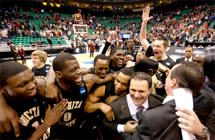 Shocker players and coaches celebrate after knocking off #1 Gonzaga 76-70 to advance to the NCAA Sweet Sixteen. WSU later advanced to the Elite Eight with a win over La Salle.