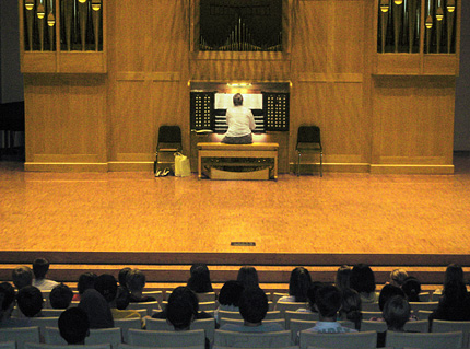 Middle school students learn about the Marcussen organ at Wiedemann Hall as part of WSU's Future Shocker camp, July 8-9.