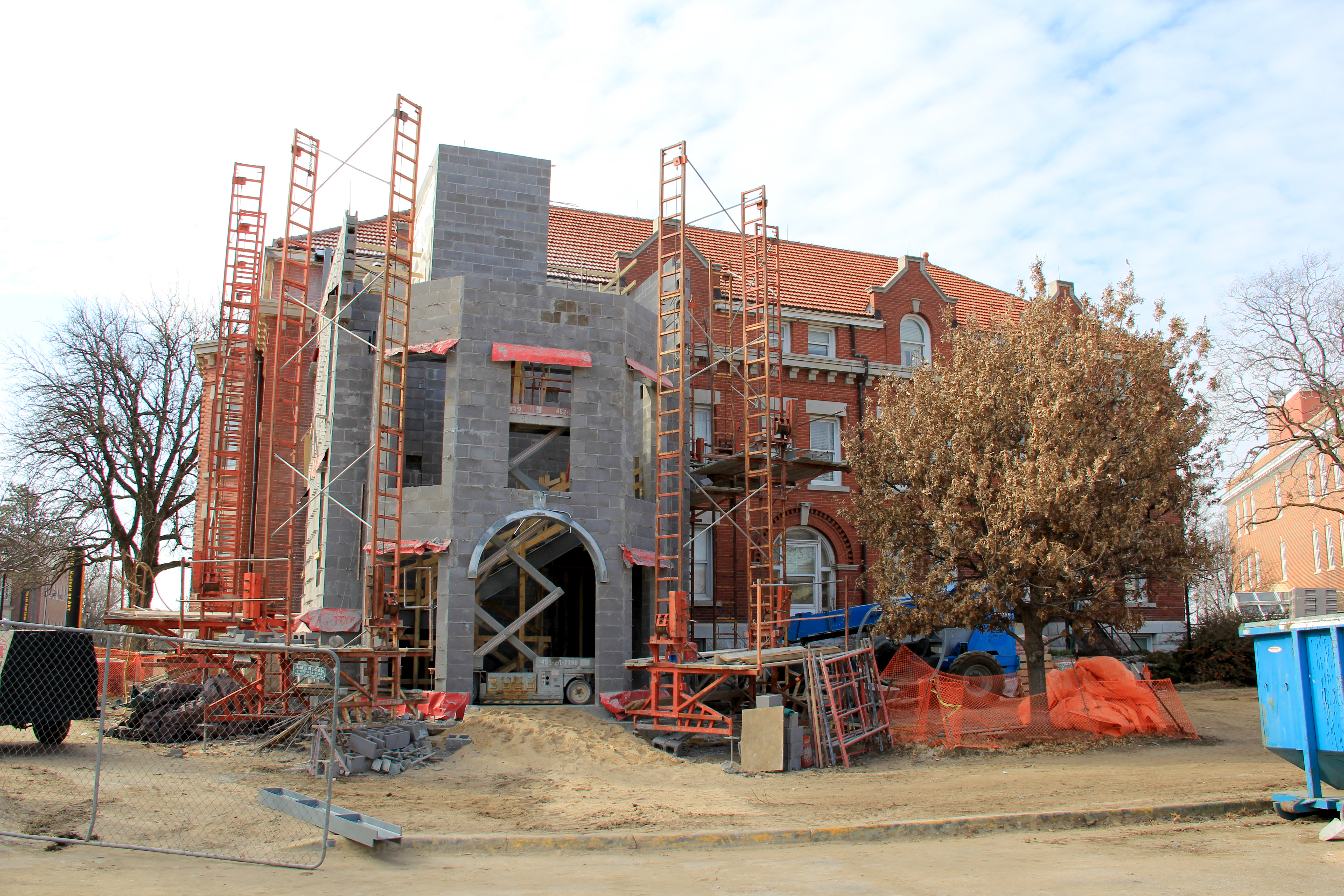 Fiske Hall, the oldest building on campus, undergoes construction of an exit stairwell and elevator.