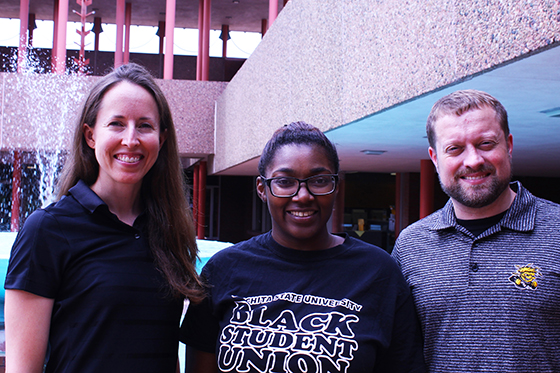 Jazmin Dennis is the recipient of the J. Martyn Walsh English Education scholarship. From left, Katie Cramer, chair of the secondary English language arts, Dennis and Andrew Myers, College of Education office manager / records and scholarships coordinator.