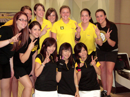 The DHC Bowling Trio, a group of bowlers from Japan, visited and worked out with the Shocker bowling team. Their experiences will be documented on a Japanese TV special.