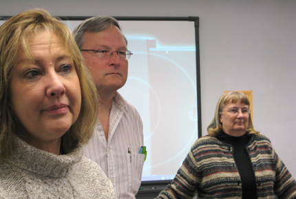 Students accepted into the new program were welcomed to their first day of class Jan. 24. From left, Christine Cederberg, Bill Novak and School of Nursing associate professor Betty Elder.