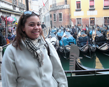 Jana Riddick visits a Gondola station in Venice during Carnival.