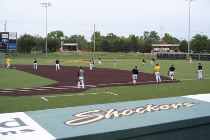 WSU players warm up prior to the first scrimmage on the new turf at Eck Stadium.