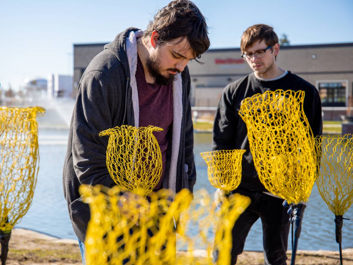 Students installing Wulip flowers