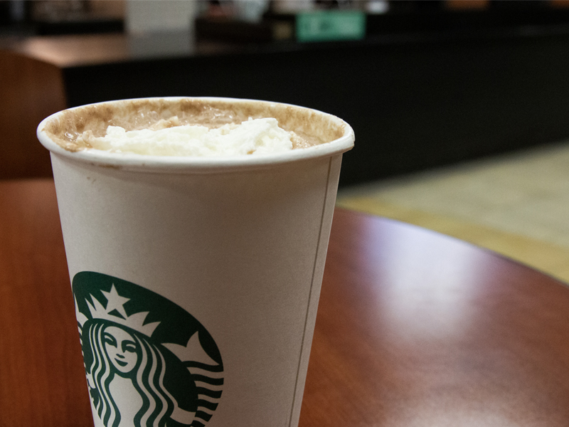 A cafe mocha latte at the Rhatigan Student Center Starbucks