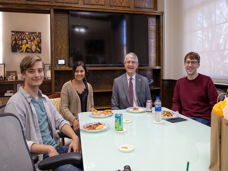 Interim president Andy Tompkins and Wichita State students