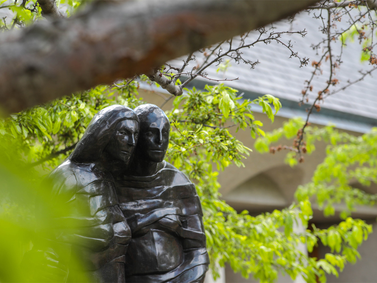 "Ruth and Naomi," Leonard Baskin, 1978. A bronze sculpture of the biblical women Ruth and Naomi, on the west side of Grace Memorial Chapel.