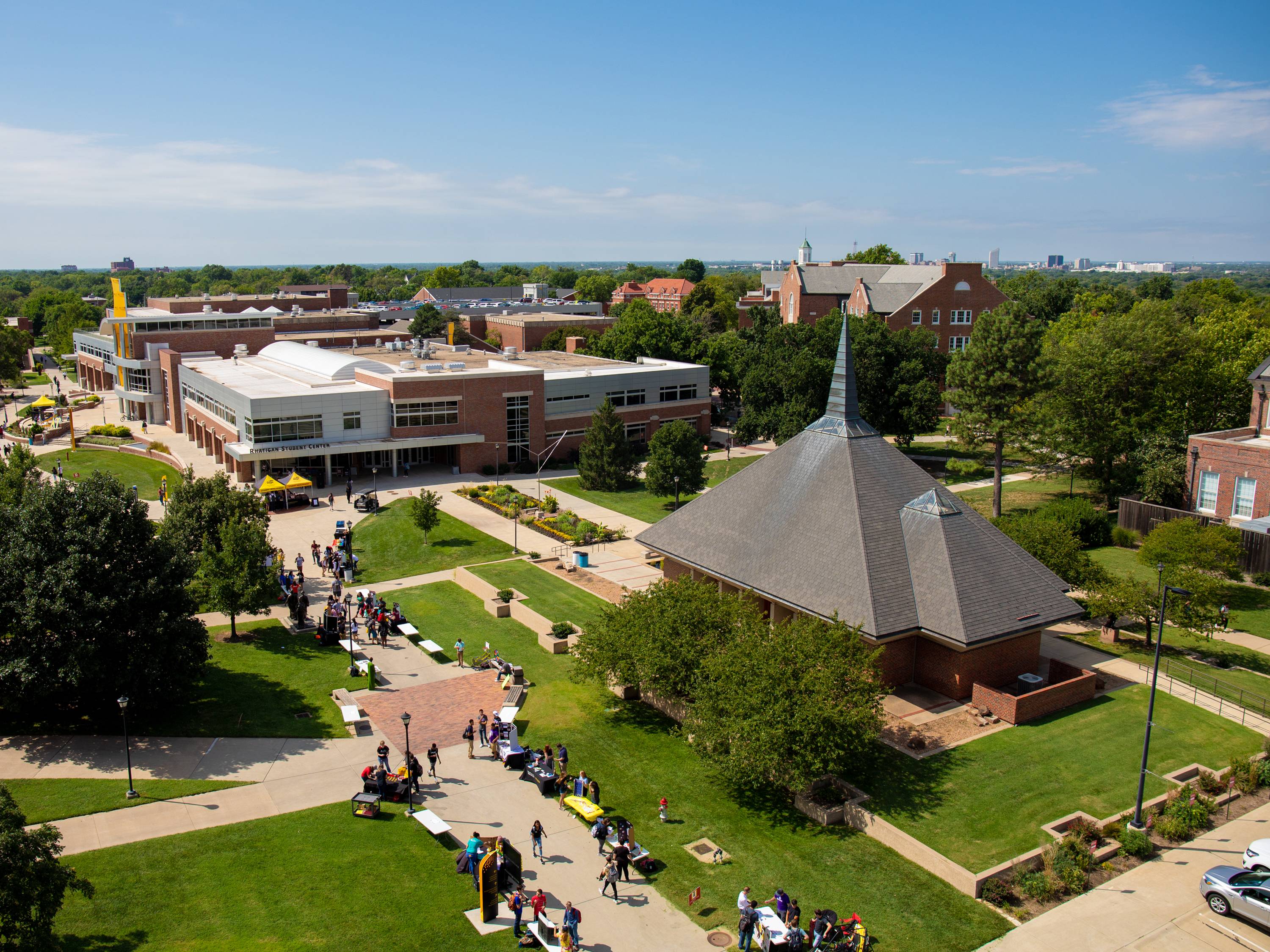 An aerial view of Grace Memorial Chapel and the Rhatigan Student Center