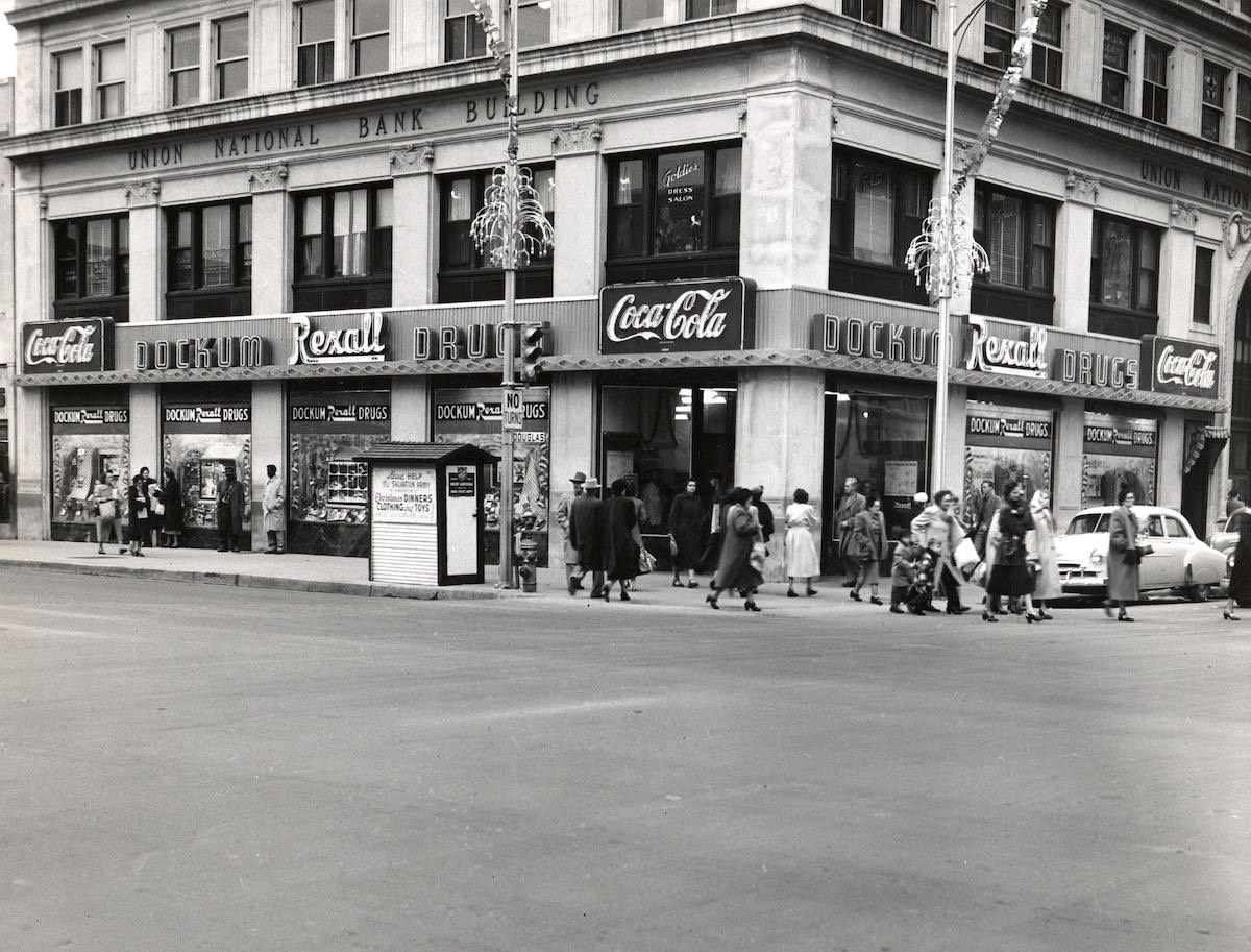 The Dockum Drug Store in 1955, three years before the lunch counter sit-in. The store stood at the corner of Broadway and Douglas in downtown Wichita, now site of the Ambassador Hotel.