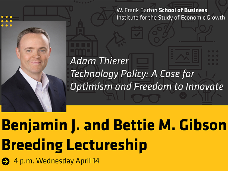 Adam Thierer is a senior research fellow at the Mercatus Center at George Mason University in Fairfax, Virginia. He specializes in innovation, entrepreneurialism, Internet and free-speech issues, with a particular focus on the public policy concerns surrounding emerging technologies. He will speak at 4 p.m. Wednesday, April 14 in person at Wilner Auditorium and virtually via Zoom.