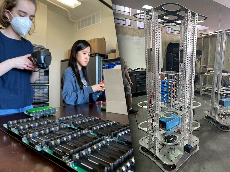 Lydia Melles and Lucy Hoang, Wichita State University computer science major students, work on an autonomous robot that uses ultraviolet C-lights (UVC) to fight COVID-19 at the McConnell Air Force Base Innovation Lab.  The two senior students partnered with the McConnell Innovation Lab as part of their is part of their senior design class.