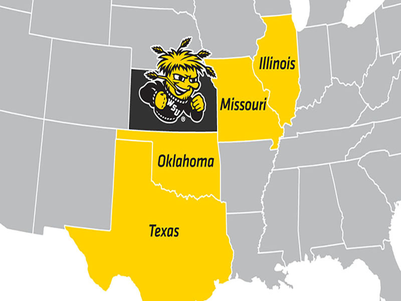 Graphic of United States in gray. Illinois Missouri, Oklahoma and Texas. are highlighted in yellow with WuShock on Kansas.
