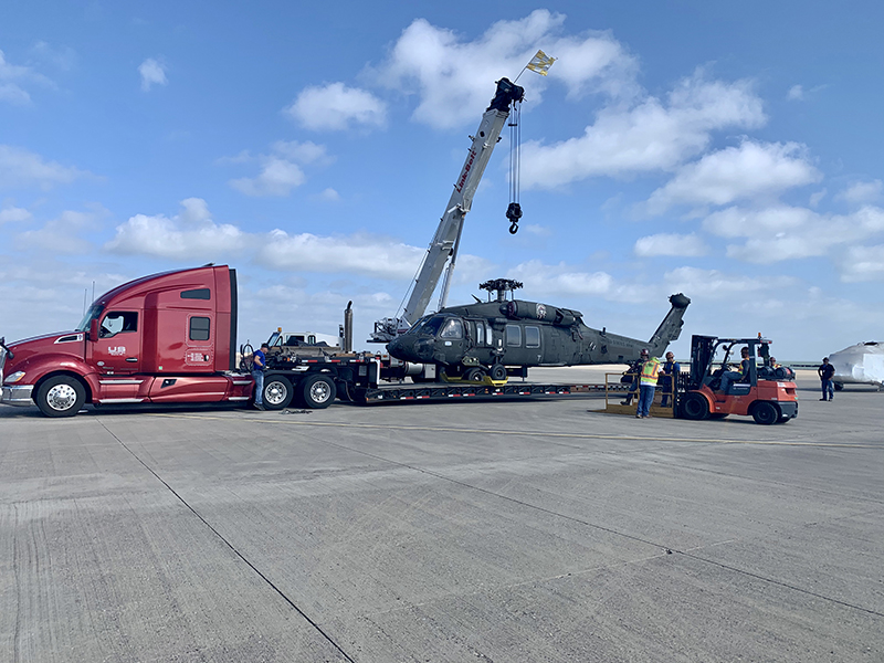 A Blackhawk helicopter arrives at Wichita State University. 