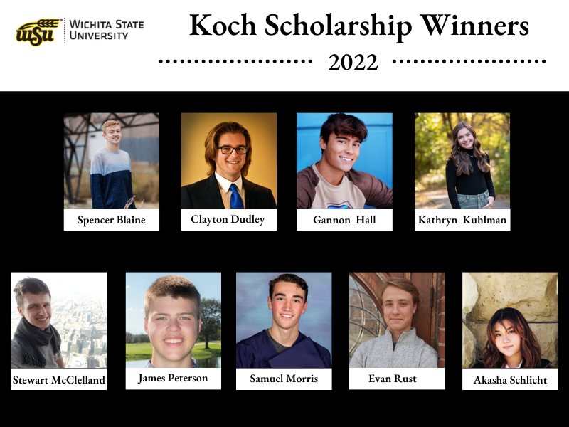 Picture of all nine Koch Scholarship winners: Spencer Blaine Clayton Dudley Gannon Hall Kathryn Kuhlman Stewart McClelland Samuel Morris James Peterson Evan Rust Akasha Schlicht.