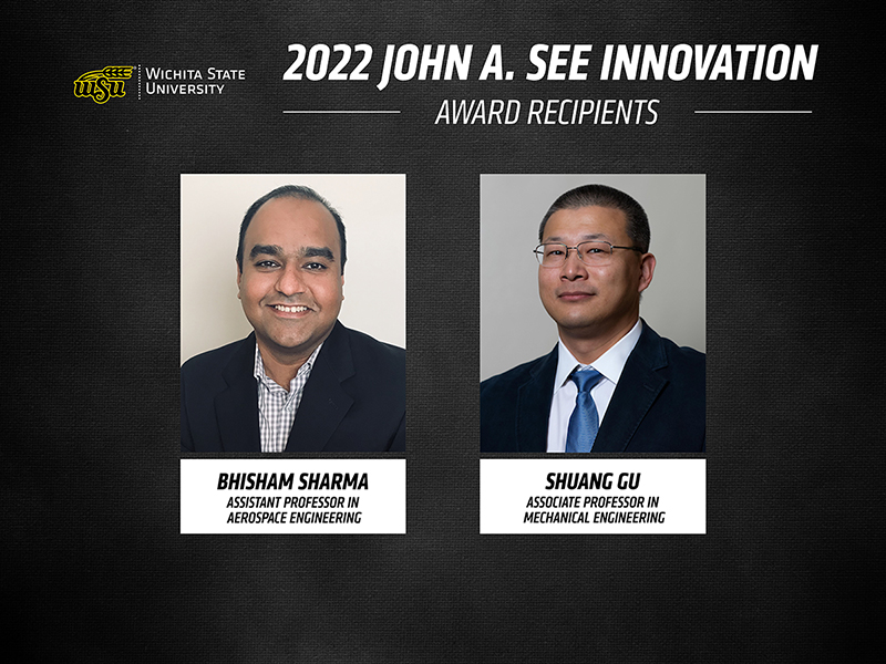 Bhisham Sharma, an assistant professor in aerospace engineering, and Shuang Gu, an associate professor in the department of mechanical engineering, two recipients of John A. See Innovation Award. 