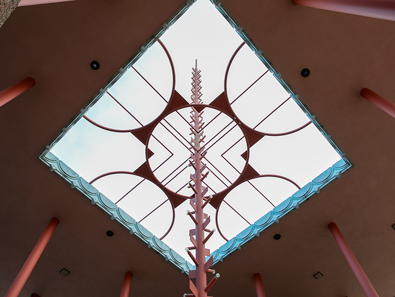 An upward view of the spire on Wichita State's Corbin Education Center